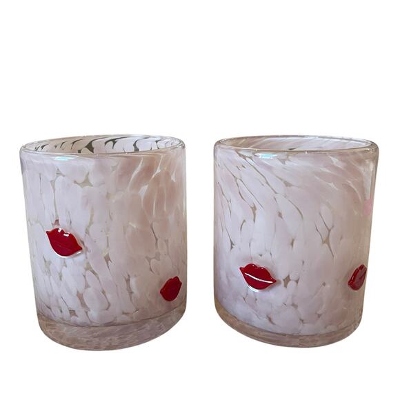 Pink Valentine's Day RED LIP Double Old Fashioned Glasses 14oz Set of 2 New - Picture 15 of 16